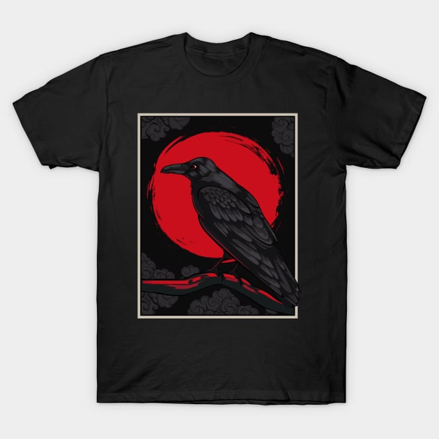 Black Raven Moon Red Japanese Nordic Crow Lover T-Shirt by Funnyawesomedesigns